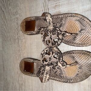 Tory Burch Snake-Print Miller Thong Sandals in Beige and Brown